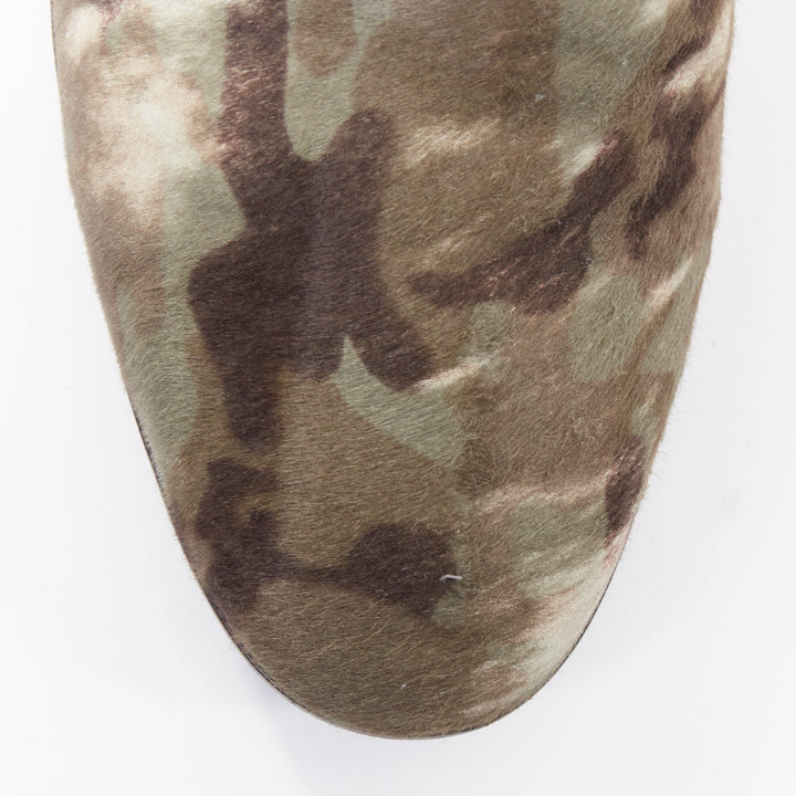 GIUSEPPE ZANOTTI navy green camouflage ponyhair metal tiered heel boots EU43