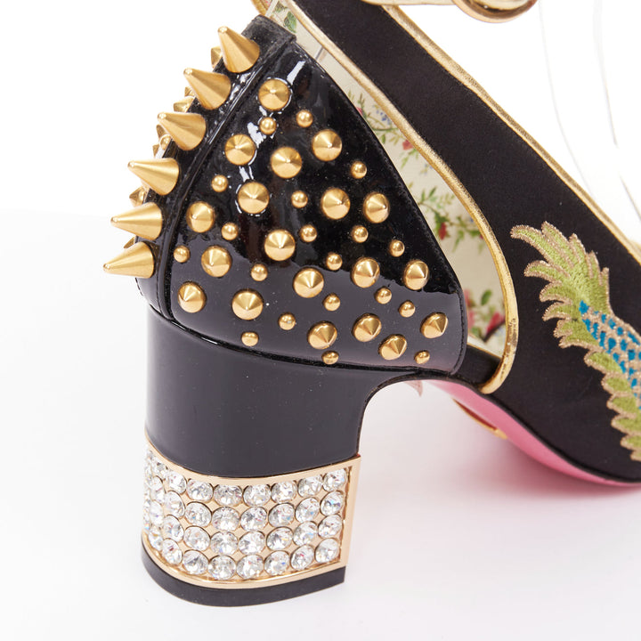 GUCCI 2017 Runway Caspar dragon embroidered spike ankle strap pump heels EU36