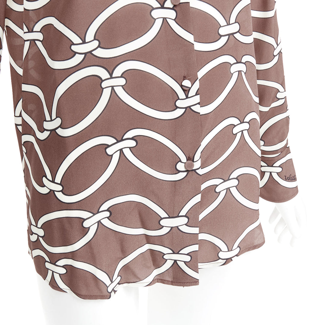 VALENTINO Chain 1967 brown cream crepe de chine silk tie neck blouse IT38 XS