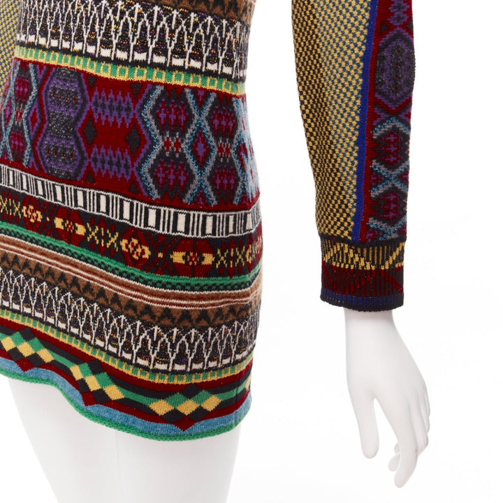 ETRO ethnic multicolor intarsia wool contrast sleeve sweater dress IT38 XS