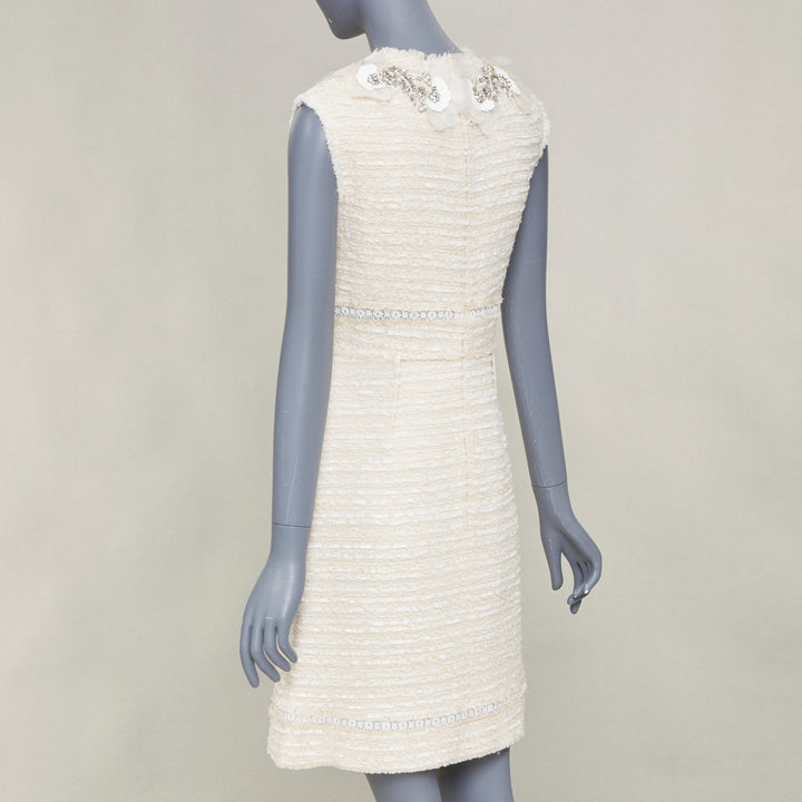 GIAMBATTISTA VALLI 2018 crystal embroidered neck ivory tweed dress IT40 XS