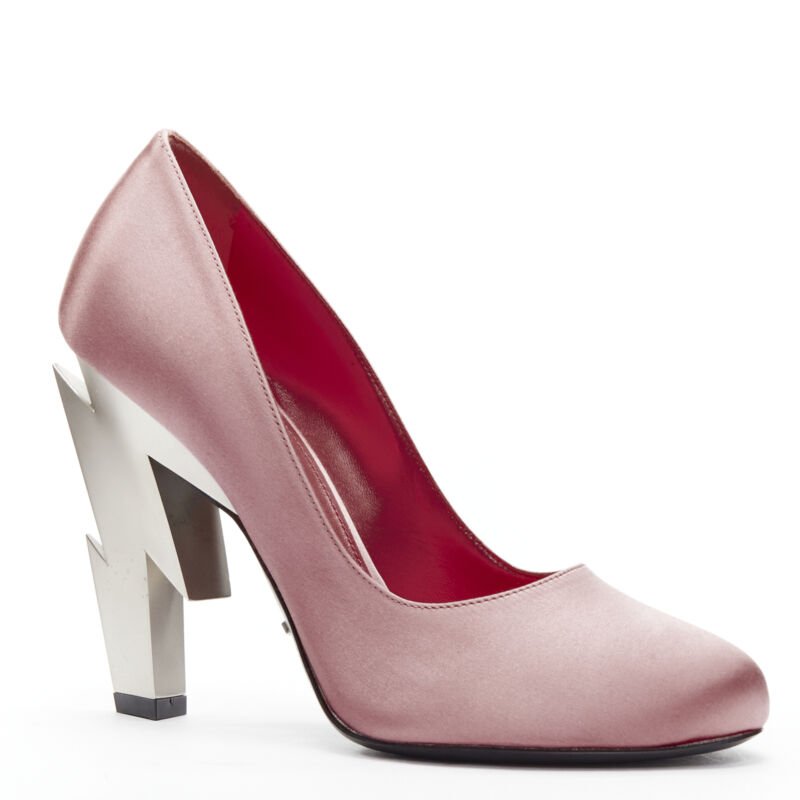 PRADA Lightning Bolt pink silk satin silver metal heel pump EU38