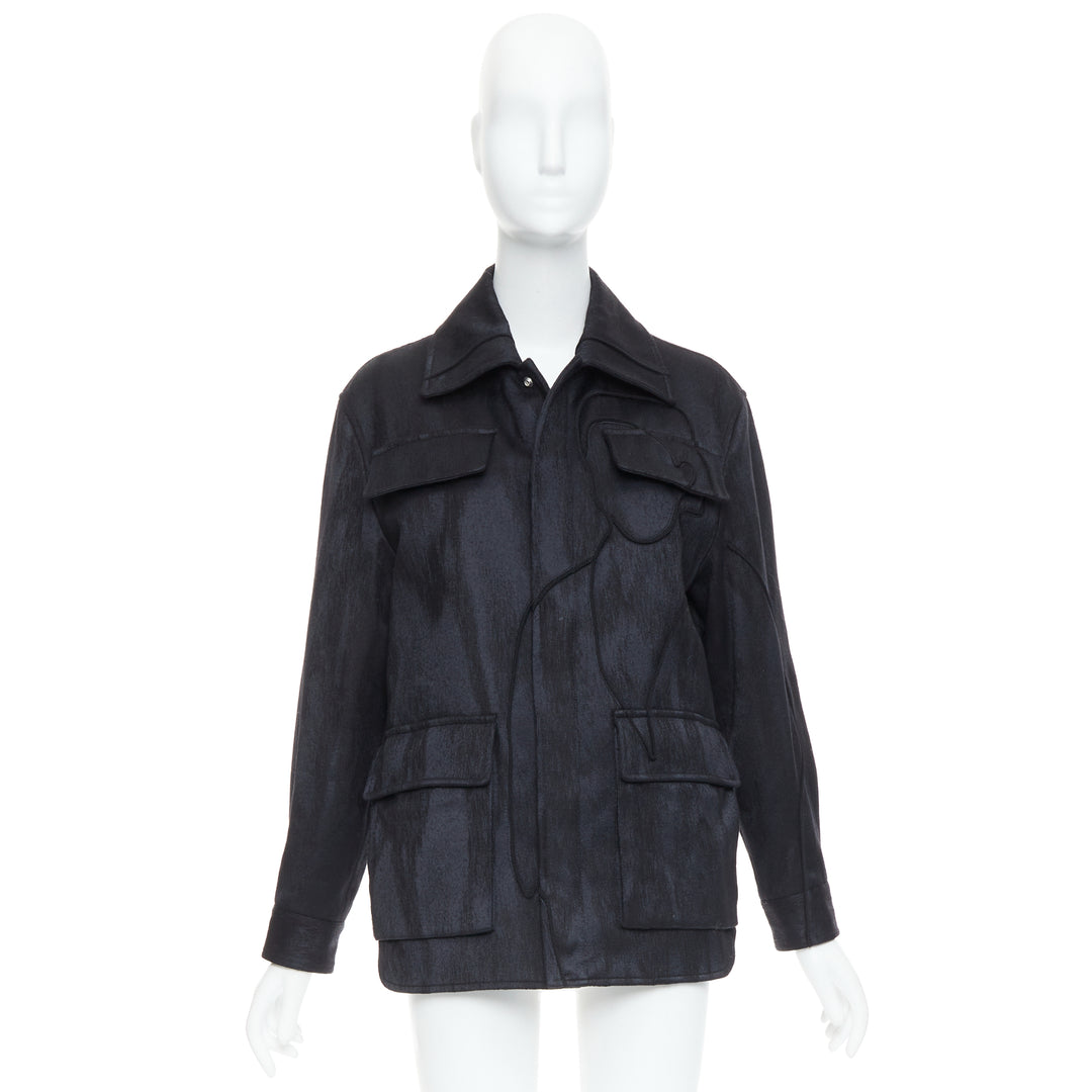 DIOR HOMME AMOAKO BOAFO black applique patchwork silhouette safari jacket FR44