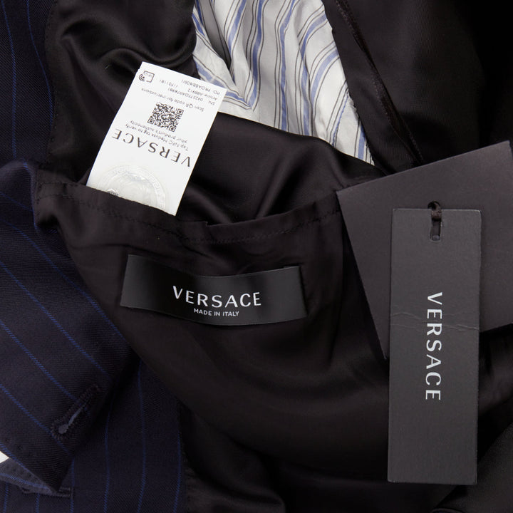 VERSACE navy virgin wool cotton GV Signature pinstripe blazer jacket IT40 S