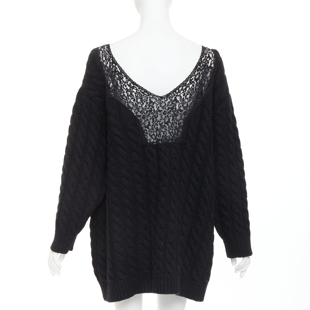 BALENCIAGA DEMNA 2017 black wool cable knit lace plunge oversized sweater FR