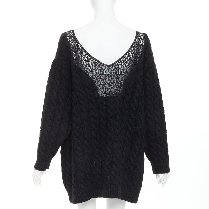 BALENCIAGA DEMNA 2017 black wool cable knit lace plunge oversized sweater FR