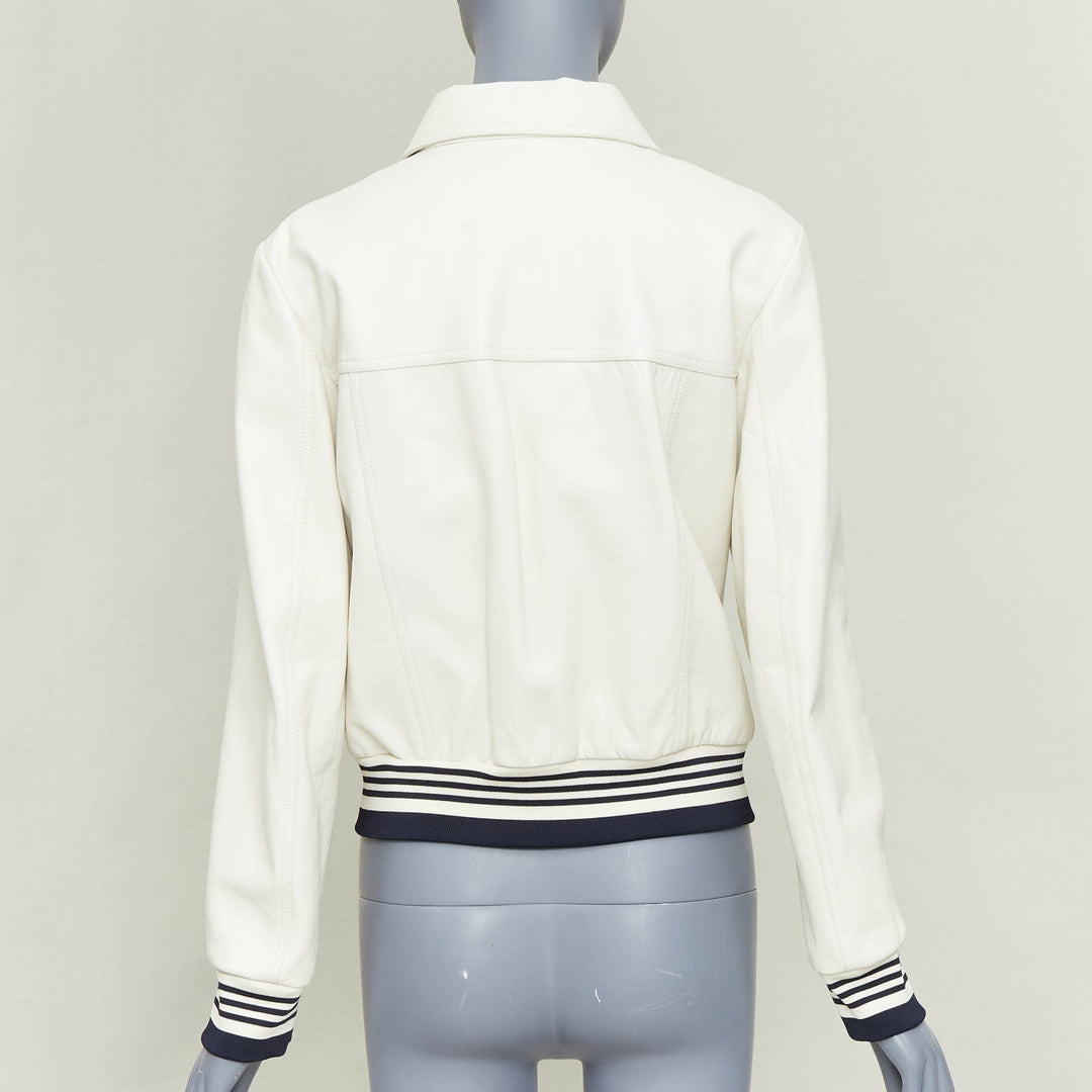 CELINE  cream textured lamb leather black striped ribbed cropped jacket FR38 M