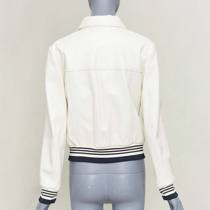 CELINE  cream textured lamb leather black striped ribbed cropped jacket FR38 M