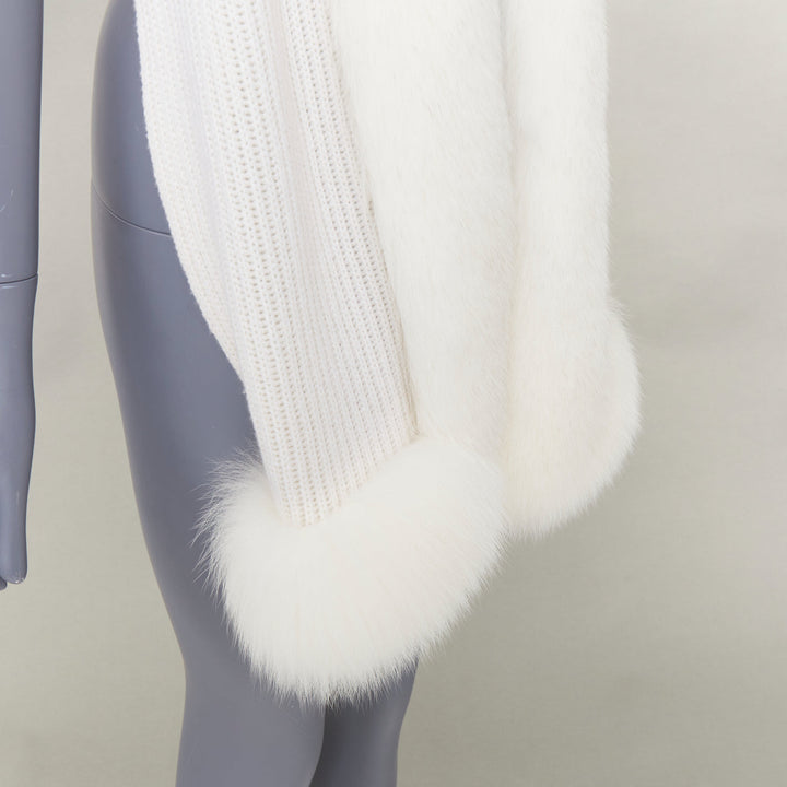 CHRISTIAN DIOR cream 100% cashmere rare real fur trim hooded winter shawl scarf