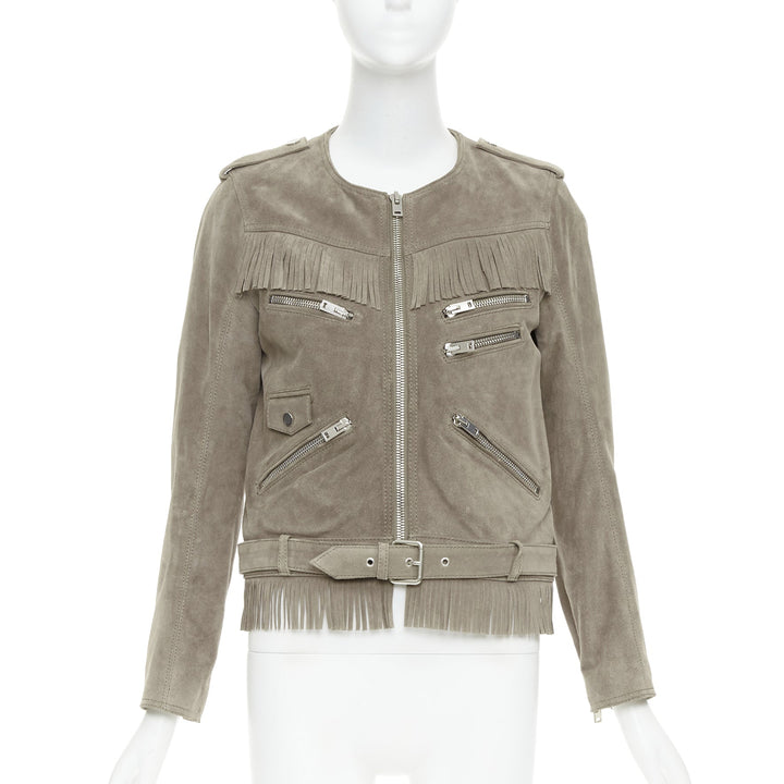 THE KOOPLES taupe cow suede leather western fringe belted biker jacket M