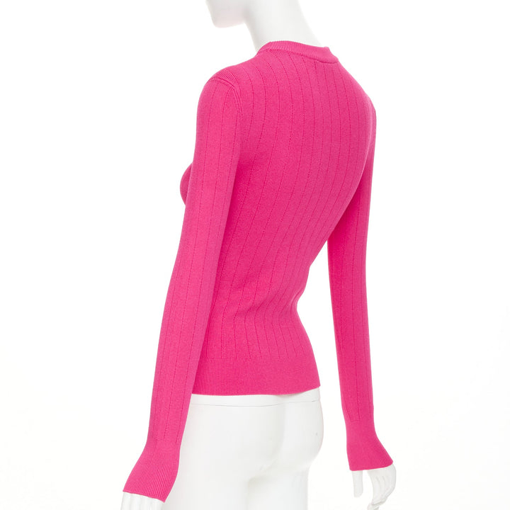 BALMAIN 2022 hot fuschia pink viscose gold buttons ribbed crew sweater FR36 S