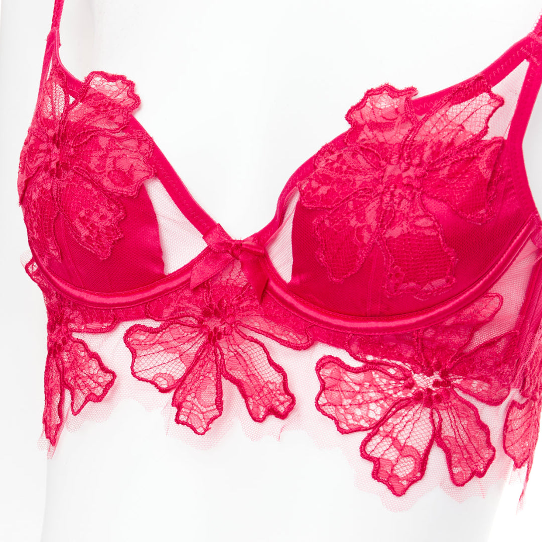 AGENT PROVOCATEUR Serephina red floral lace cotton trim bow lingerie set 86B M