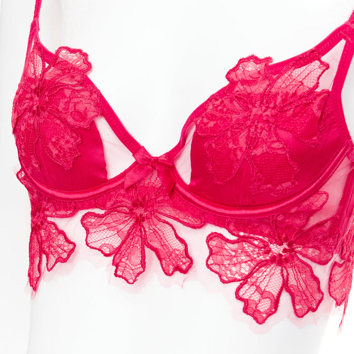 AGENT PROVOCATEUR Serephina red floral lace cotton trim bow lingerie set 86B M