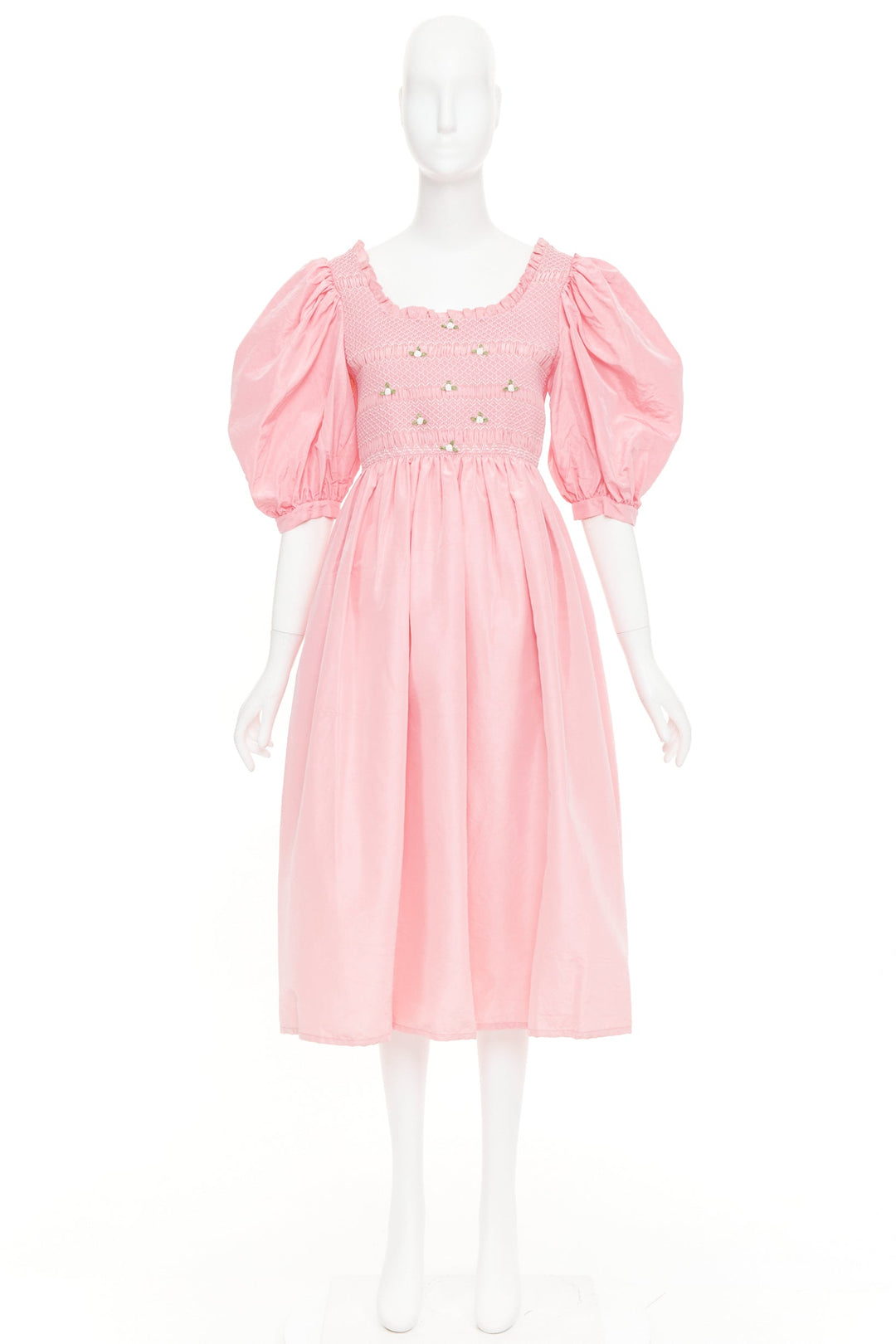 MIU MIU 2020 pink silk white flower embroidered smocked Cottage dress IT40 S