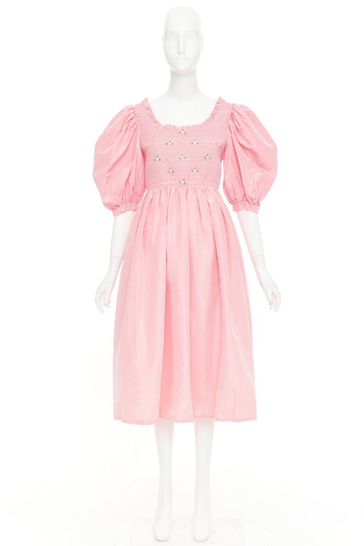 MIU MIU 2020 pink silk white flower embroidered smocked Cottage dress IT40 S