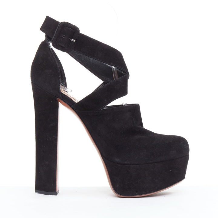 ALAIA black suede wrap strap sky high block platform heels EU38