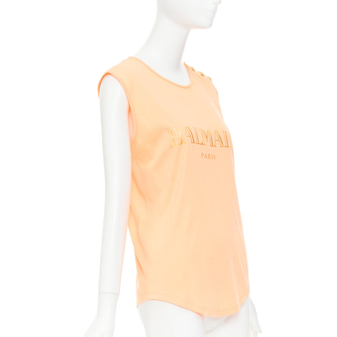 BALMAIN peach pink gold foil logo buttons shoulder sleeveless tshirt FR36 S