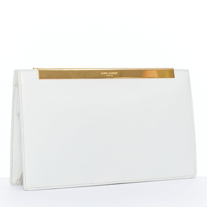 SAINT LAURENT Lutetia gold bar off white smooth leather clutch bag
