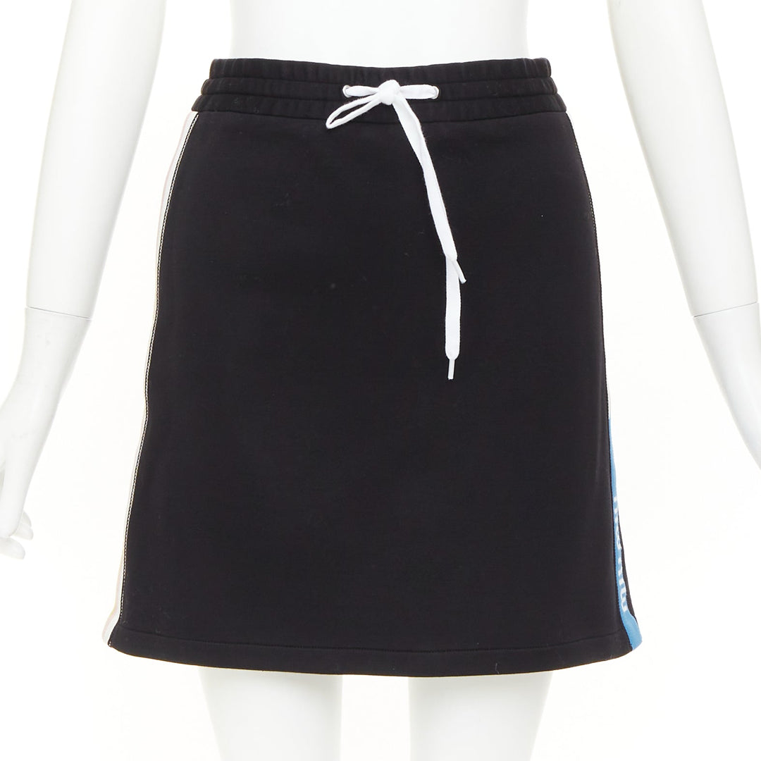 MIU MIU 2019 black cotton jersey blue logo sporty stripe drawstring skirt XS