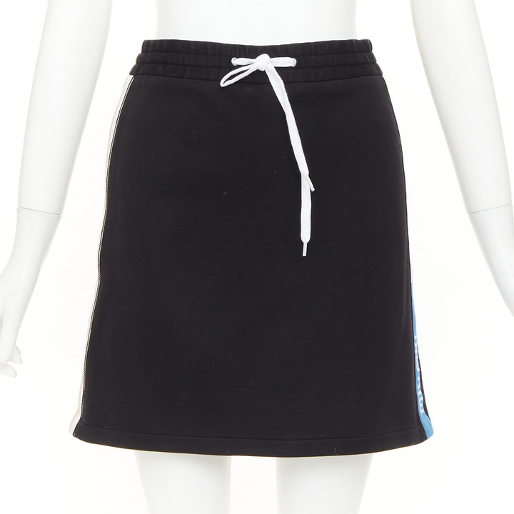 MIU MIU 2019 black cotton jersey blue logo sporty stripe drawstring skirt XS