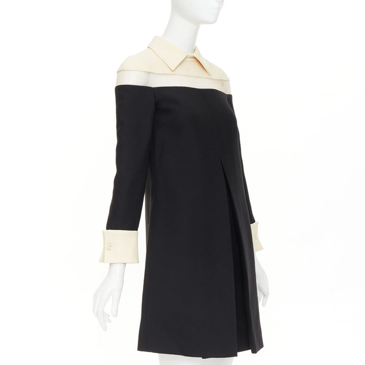 VALENTINO 2014 black beige sheer tulle wool silk inverted pleat dress IT40 S