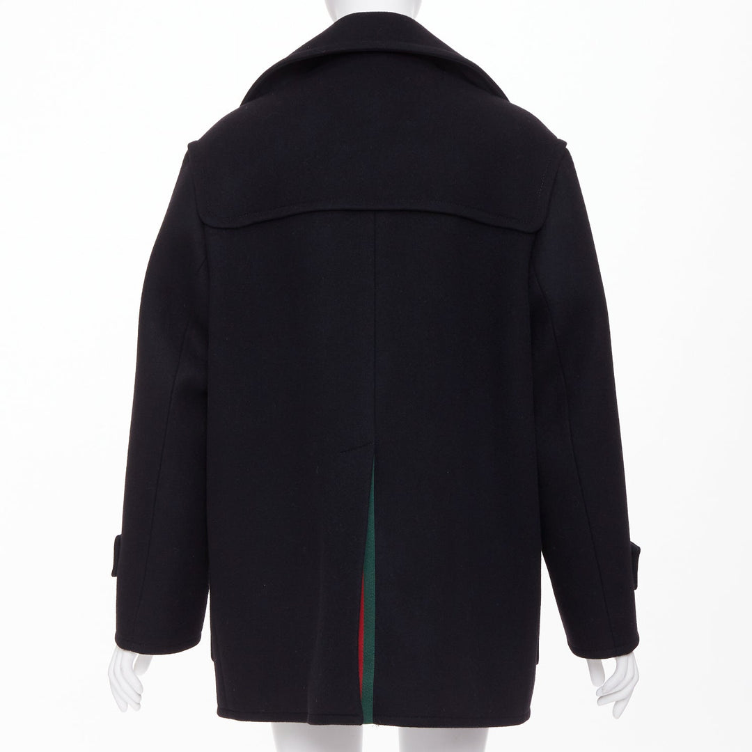 GUCCI 2024 Runway G gold button black batavia wool double breasted coat IT40 S