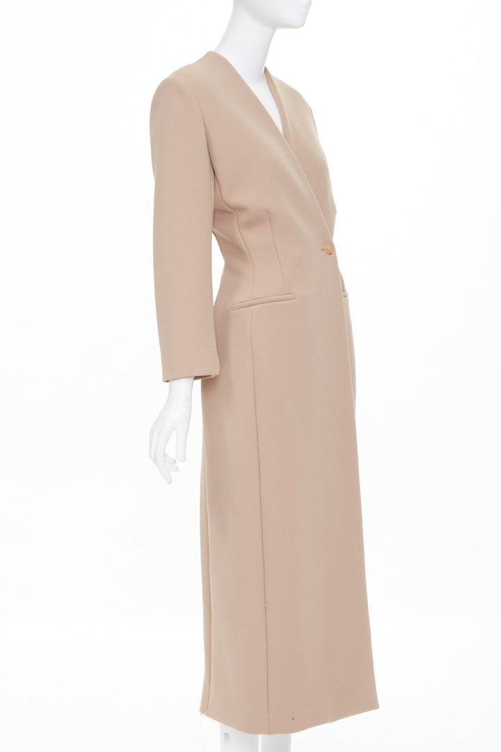 THE ROW beige tan structural plunge V neck asymmetric single button coat US2 S