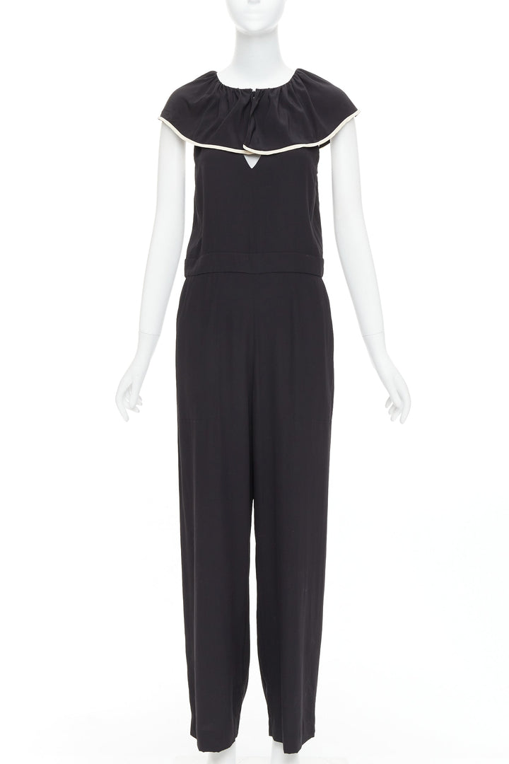 CHLOE black 100% silk crepe de chine ruffle collar jumpsuit FR36 S