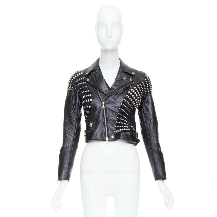 NOIR KEI NINOMIYA 2014 black faux leather pearl bead cropped jacket S