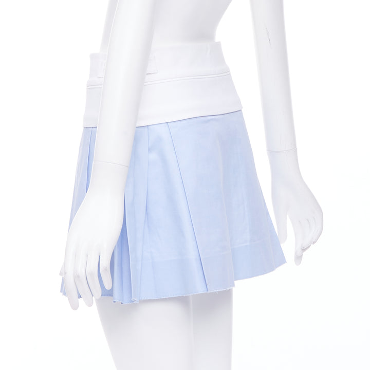 ALEXANDER WANG blue pleated white waistband silver buckle mini skirt US2 S