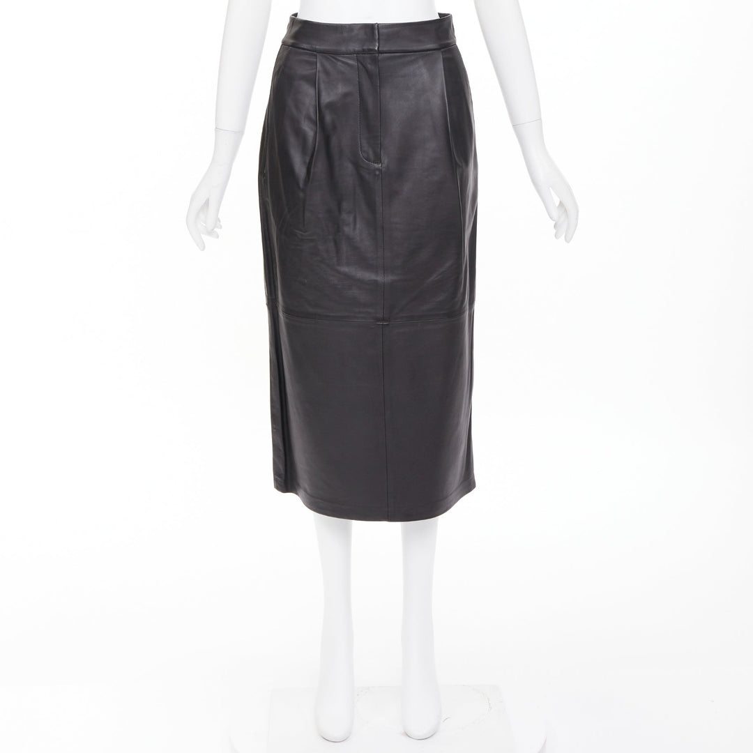 TIBI black lambskin leather pleated front panelled back slit midi skirt US00 XXS