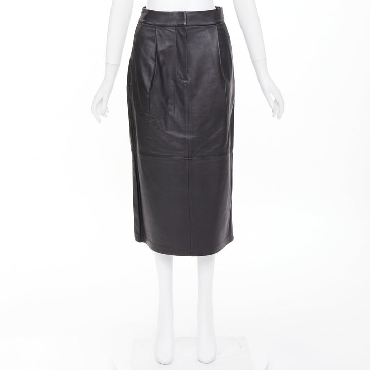 TIBI black lambskin leather pleated front panelled back slit midi skirt US00 XXS