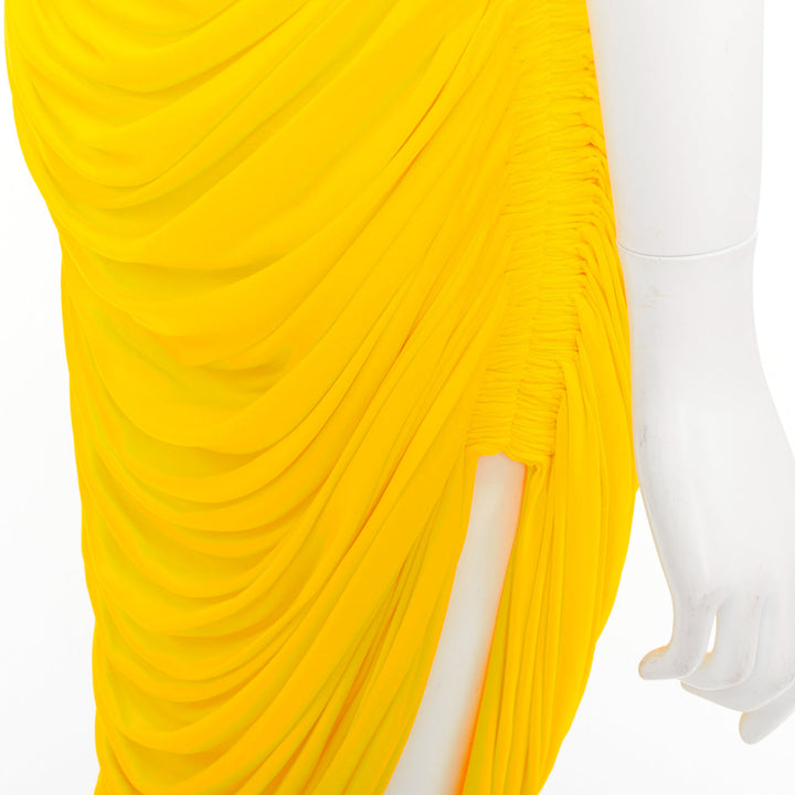 FERRAGAMO Maximilian Davis 2023 Runway yellow asymmetric ruched dress IT38 XS