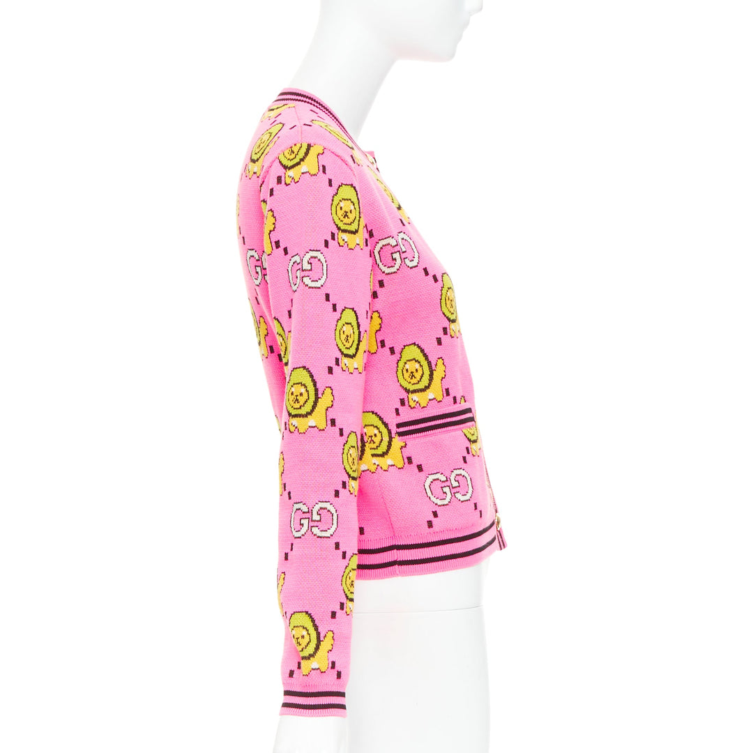 GUCCI PIKARAR pink yellow cotton Kawaii Lion GG monogram cropped cardigan XXS