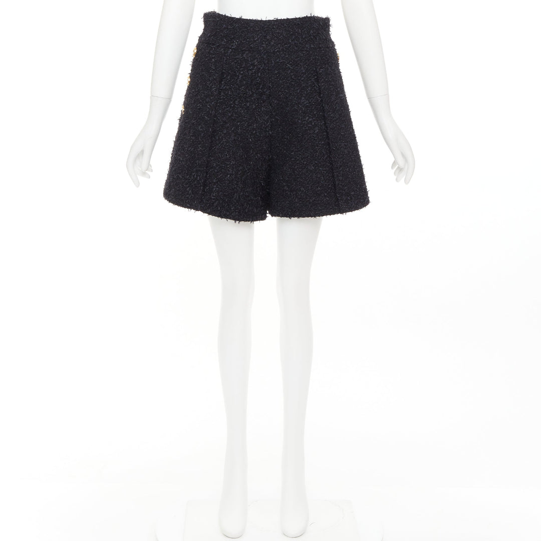 BALMAIN black speckle metallic tweed gold B buttons high rise shorts FR38 M