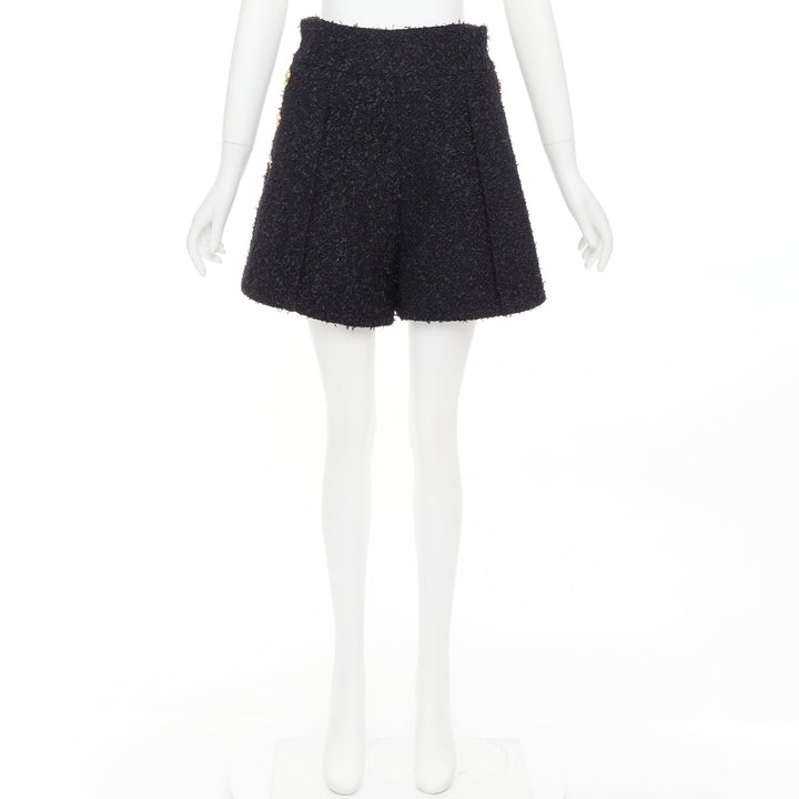 BALMAIN black speckle metallic tweed gold B buttons high rise shorts FR38 M