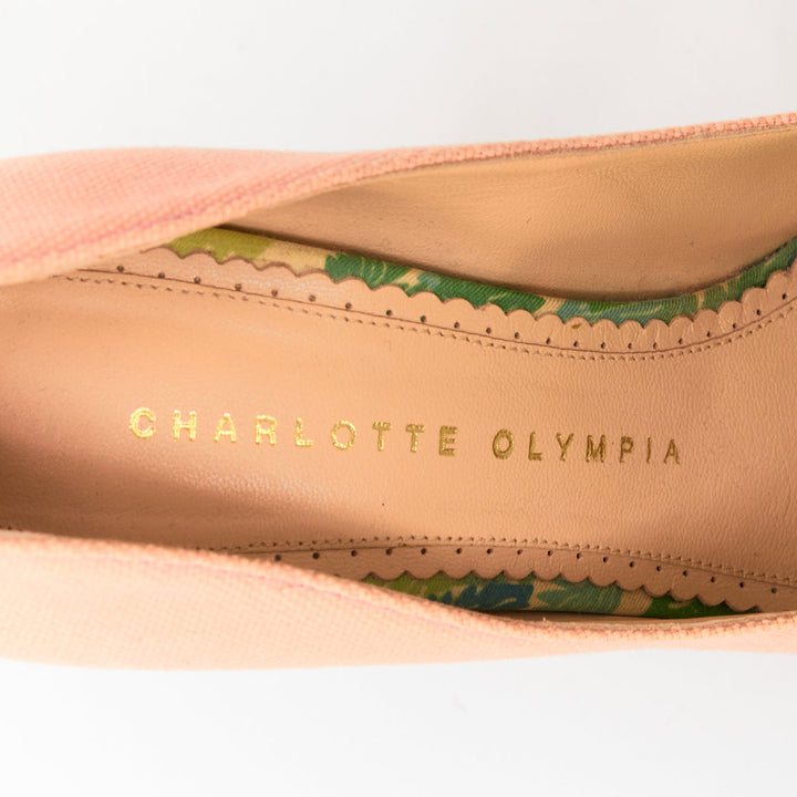 CHARLOTTE OLYMPIA Dolly beige canvas gold island metallic platform pumps EU36