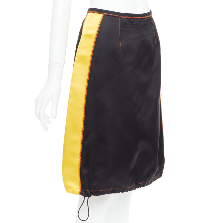 PRADA 2016 100% silk  black yellow colorblocked drawstring hem skirt IT38 XS