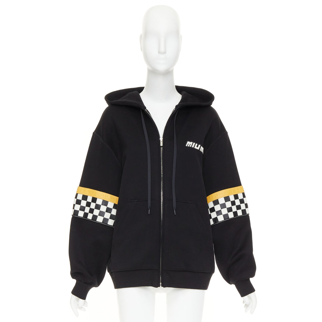 MIU MIU 2021 black yellow checkerboard woven leather sleeves Race Car hoodie S
