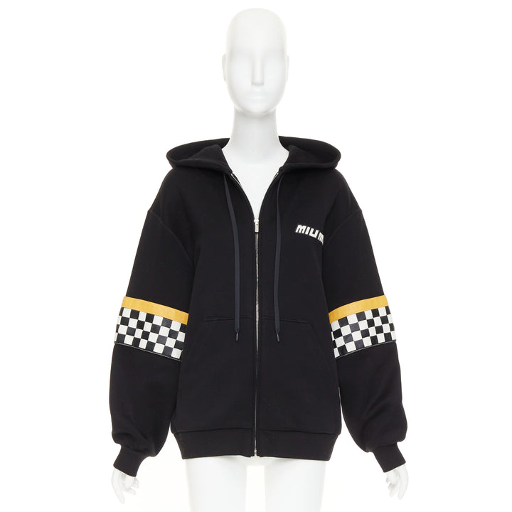 MIU MIU 2021 black yellow checkerboard woven leather sleeves Race Car hoodie S