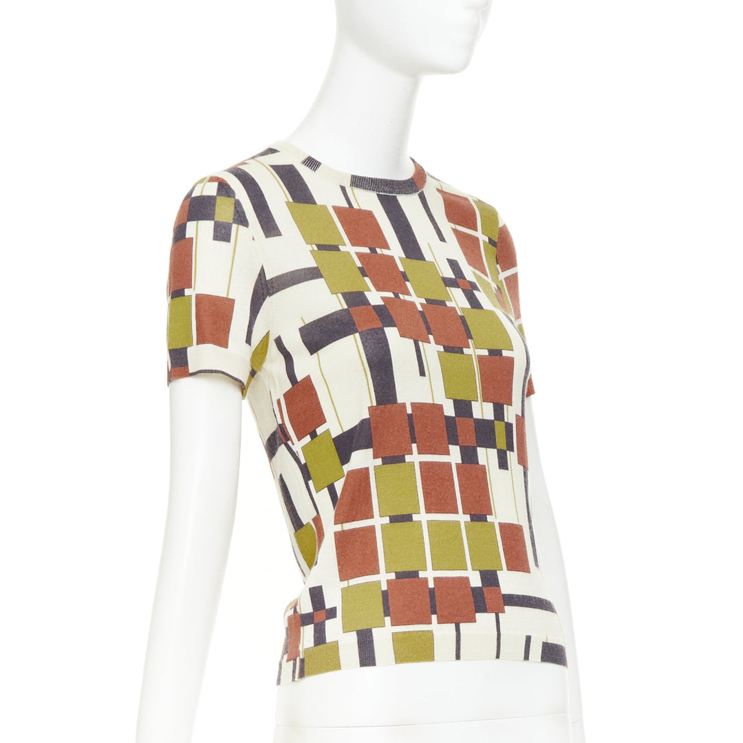 BOTTEGA VENETA green brown cashmere graphic round neck crop knit sweater IT38 X