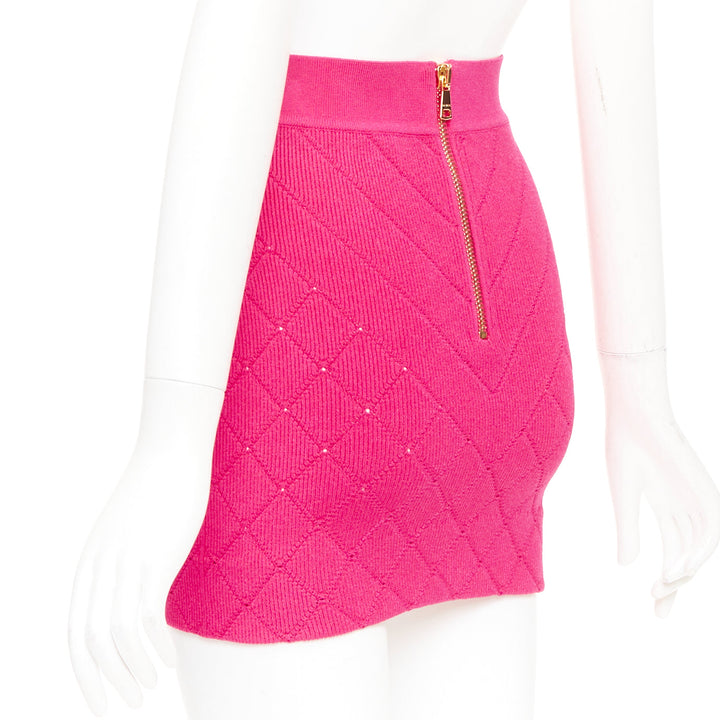 BALMAIN Embellished Knit Miniskirt pink gold button diamond quilted skirt FR36 S