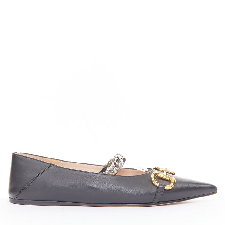 GUCCI 2020 Deva black leather horsebit chain strap pointed ballet flats EU38