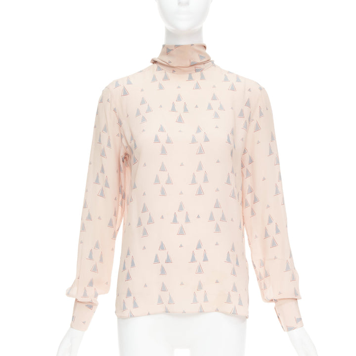 VALENTINO 100% silk blush pink grey triangle print tie neck blouse US4 S