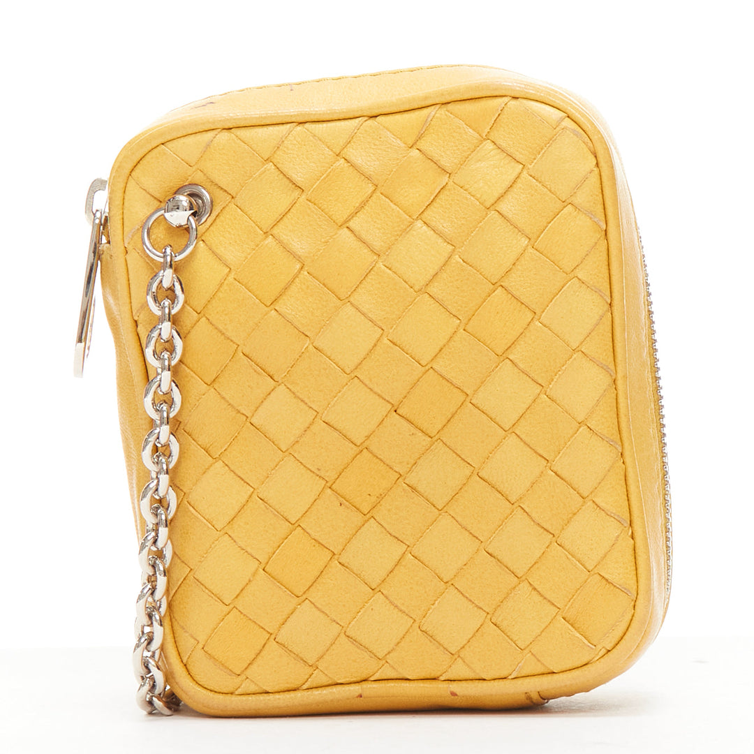 BOTTEGA VENETA butter yellow intrecciato woven silver chain wrist pouch bag