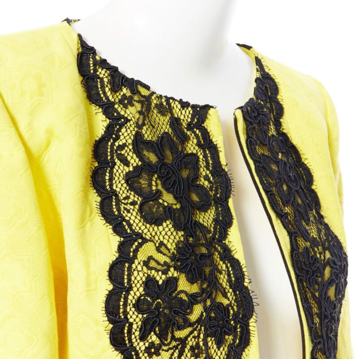 CHRISTIAN LACROIX yellow cotton floral jacquard black lace padded jacket FR40