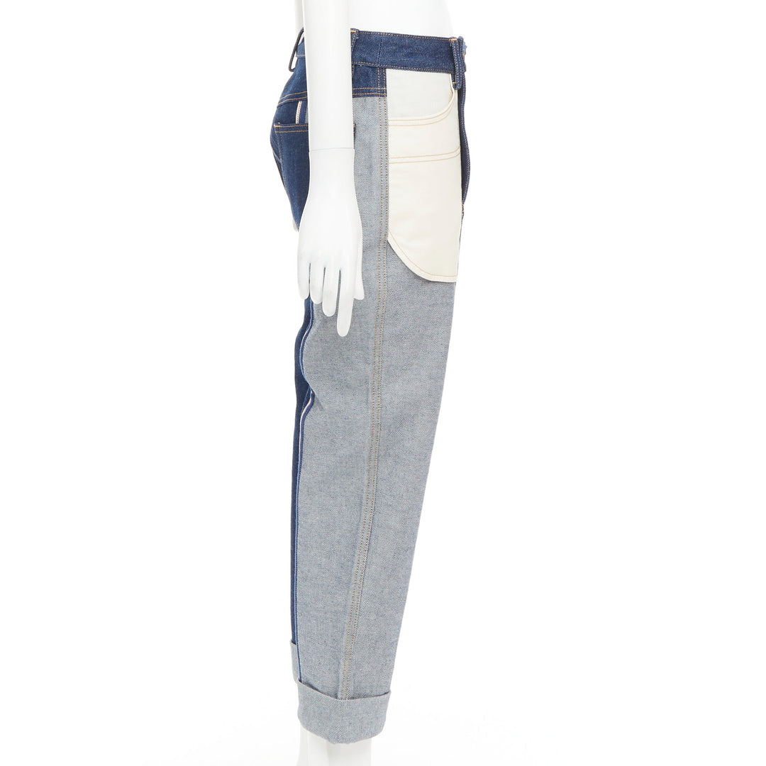MONSE dark light blue reversed deconstructed patchwork flare cropped jeans US2 S
