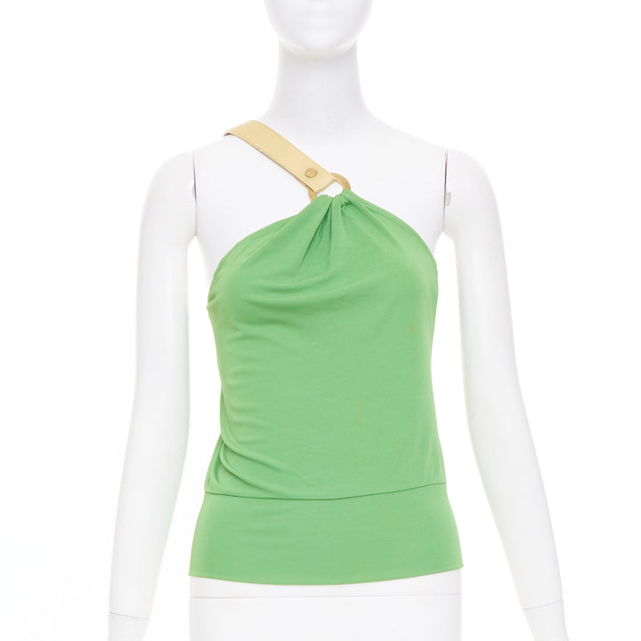 CELINE 2002 Runway horn ring green leather asymmetric shoulder halter top FR36 S