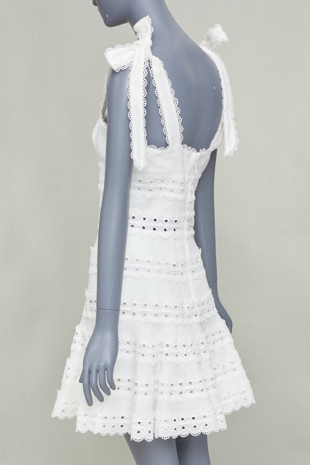 ZIMMERMANN 2020 Kirra Tie Shoulder white linen eyelet lace mini dress Sz1 S