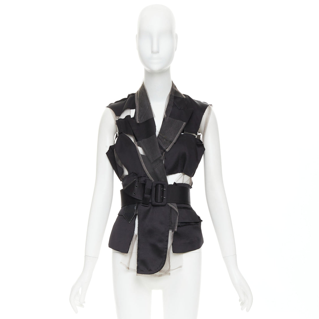 COMME DES GARCONS 2007 Runway black satin sheer patchwork tulle belted vest S